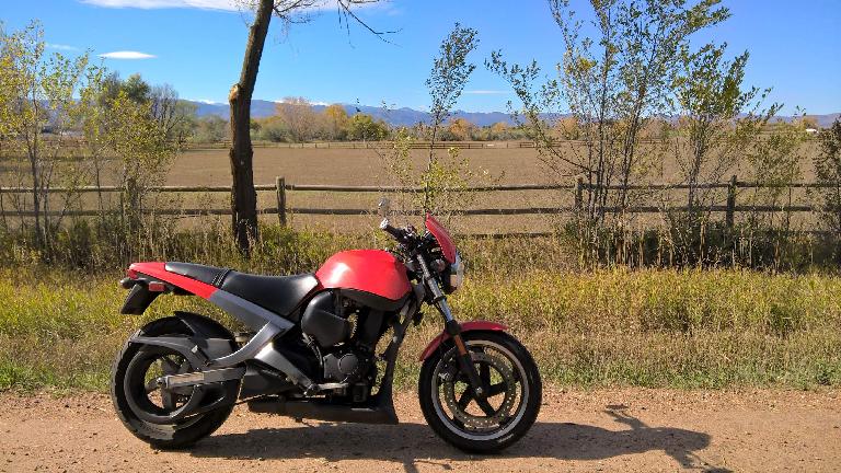 red 2003 Buell Blast, Fort Collins, countryside, fall colors