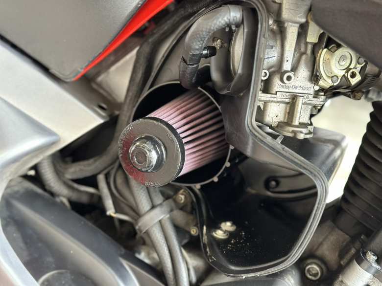 The new K&N BU-5000 air filter installed in the stock airbox of a Buell Blast.