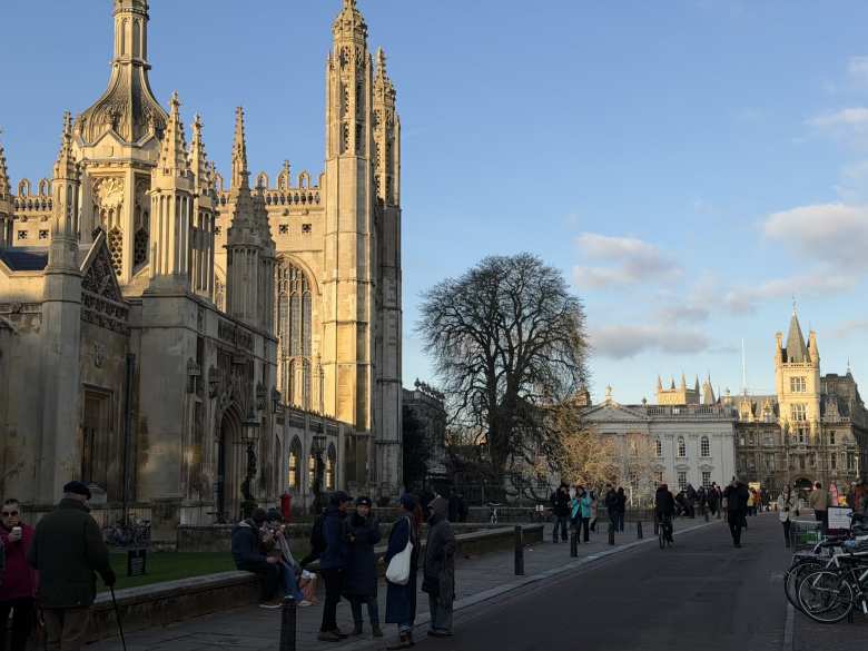 Walking by King's College Chapel in Cambridge City Center.