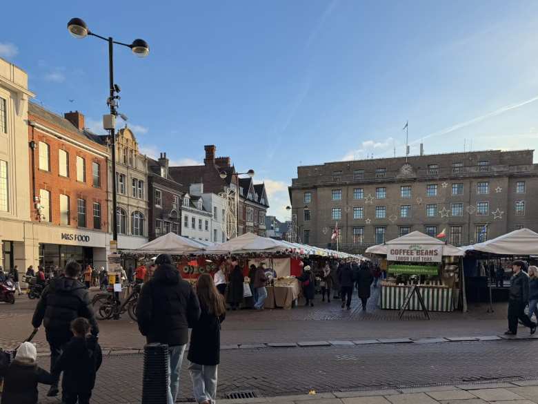 An outdoor market in Cambridge City Center.