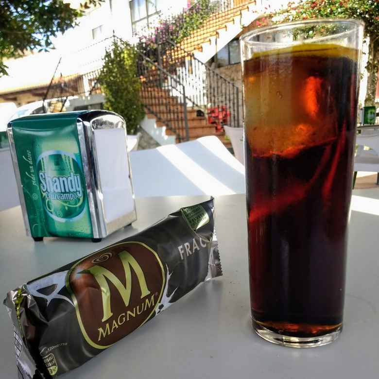 Magnum ice cream bar, Coke with lemon and ice, Galizano