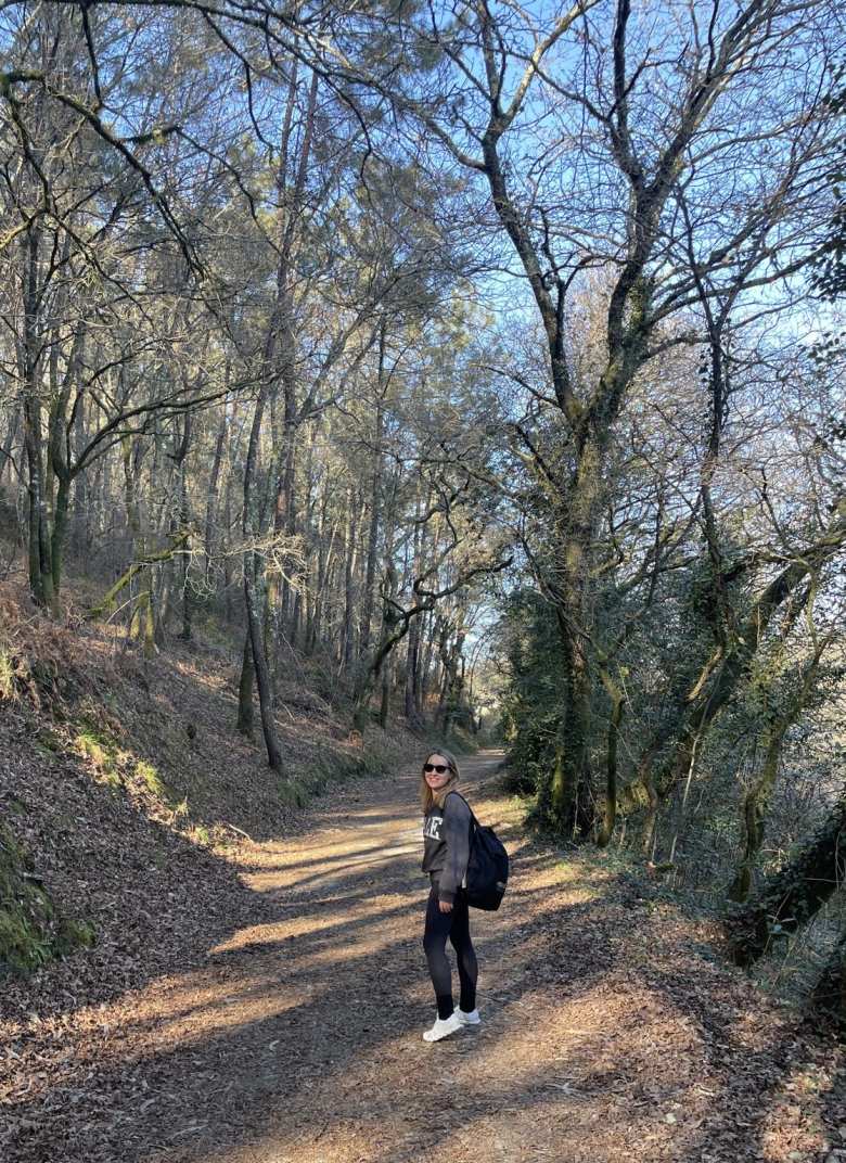 Andrea on a leafy trail in Caldas de Reis.