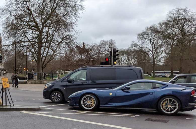 A blue Ferrari in London.