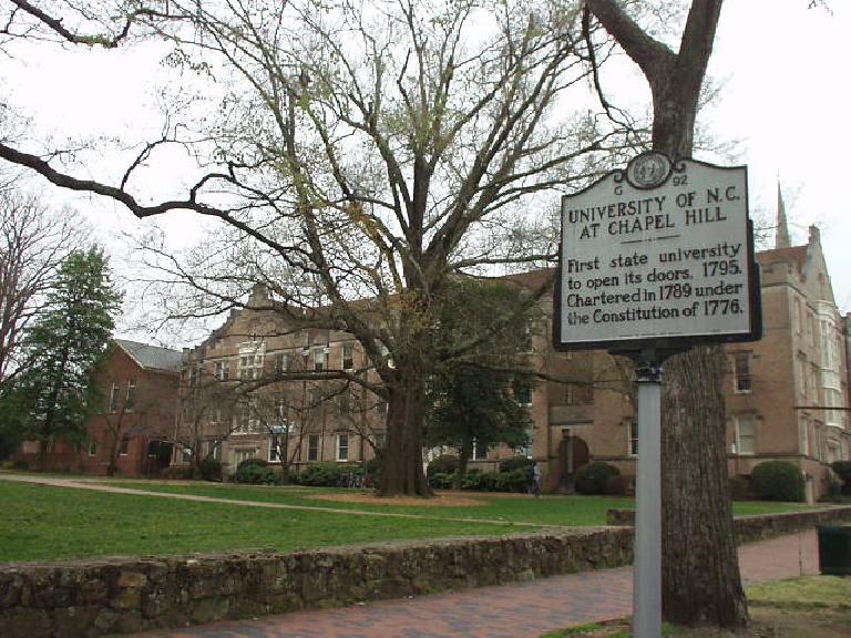 As with Raleigh and Durham, there is a bit of history for Chapel Hill.  This sign notes that UNC was the first state university to open its doors in the U.S. (1795).