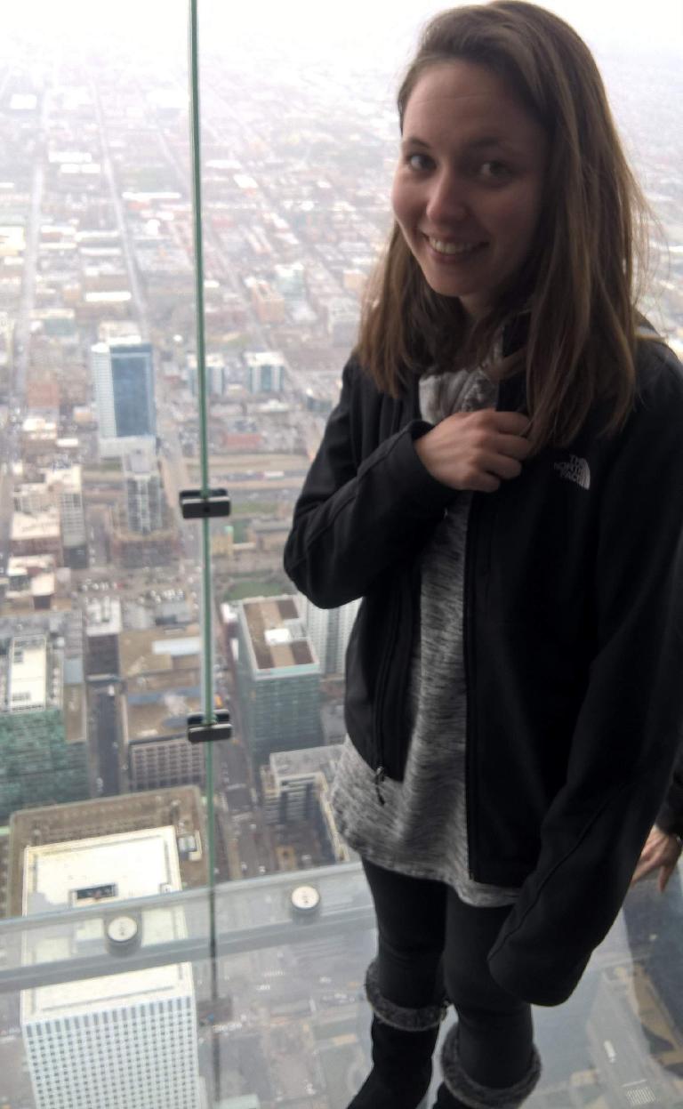 Maureen inside the Skydeck at the top of Willis Tower.