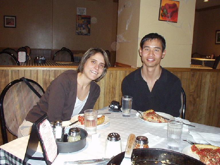 Kathrin and Felix Wong with some Chicago deep-dish pizza at Pizzeria Ora.