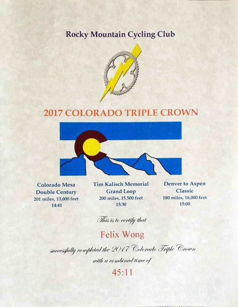 The certificate the Rocky Mountain Cycling Club sent me for completing the 2017 Colorado Triple Crown.