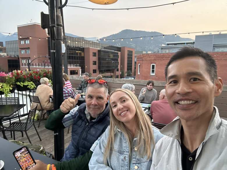 Eddie, Andrea, and Felix on the rooftop of the Rio Grande restaurant in downtown Boulder.
