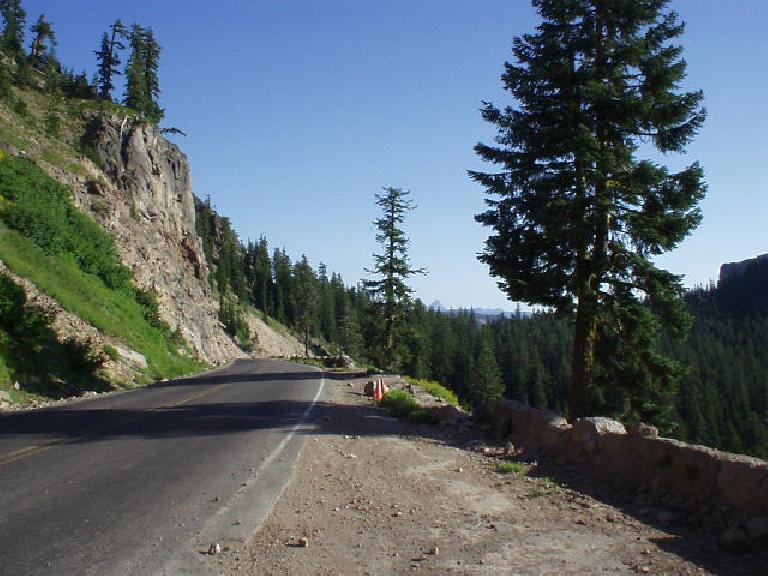 The road around Crater Lake is a [33-mile] scenic route, stated the Crater Lake map.  So true.  Very steep dropoffs bordered most of the roads, however.  This is actually one of the few shoulders.