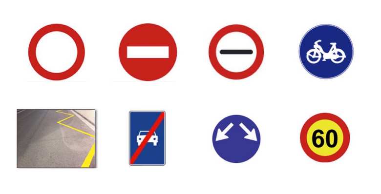 These are just eight of the approximately 200 standardized European road signs that rely on symbols only. They are signs for: circulación prohibida, entrada prohibida, prohibición de pasar sin detenerse, reservado para ciclomotores, prohibido estacionar pero se puede parar, fin de via reservada para automoviles, los lados por los que los vehículos pueden pasar, una zona de construcción con una velocidad máxima de 60 kph.