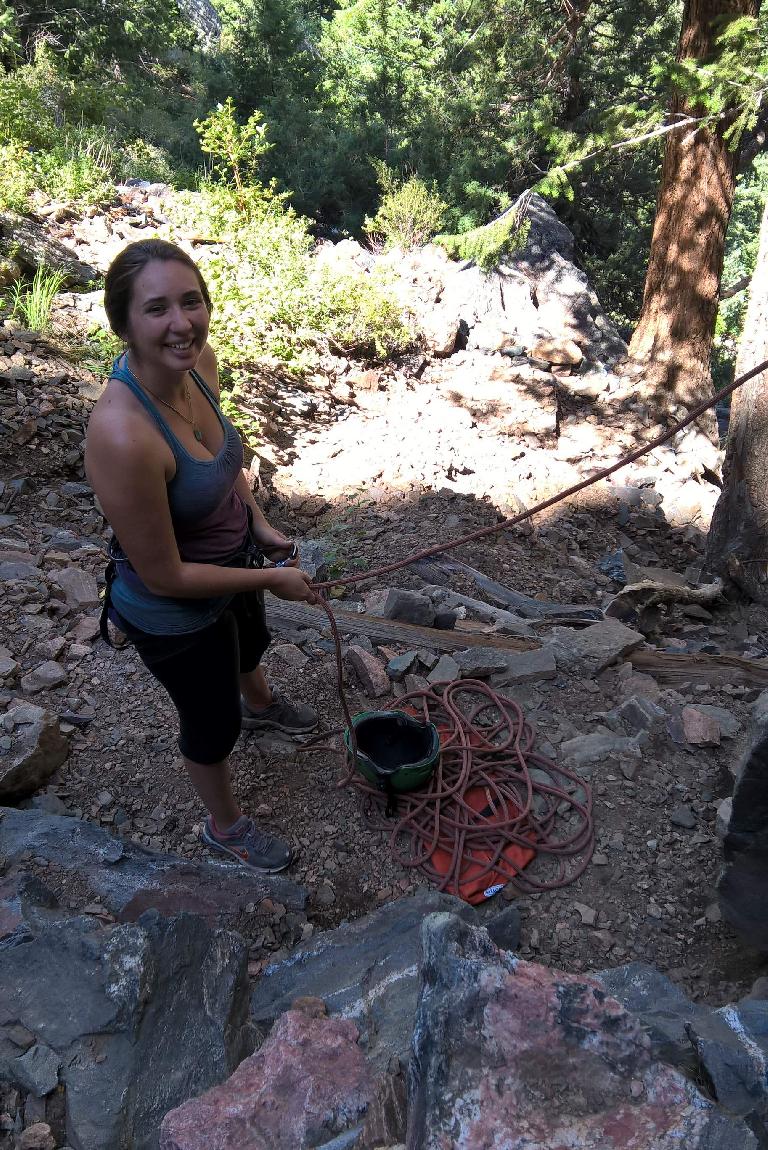 Diana belaying me on County Line (5.8) in the Southwest Alcove of Crystal Wall.