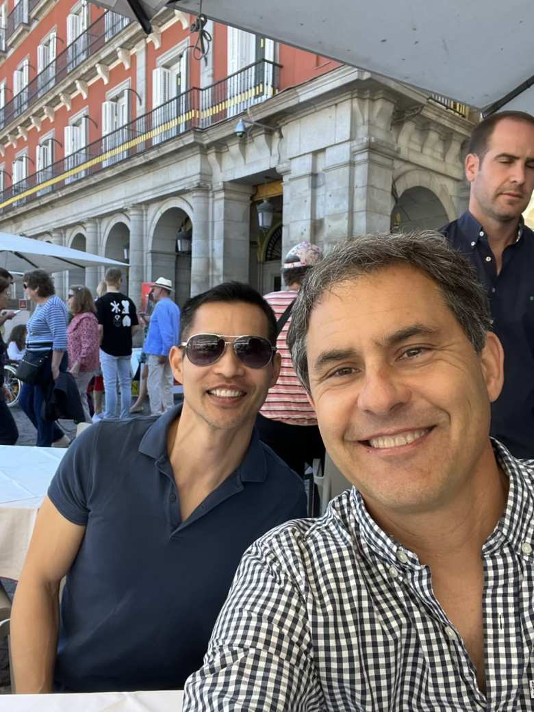 Eating brunch with Dave at the Plaza Mayor in Madrid.