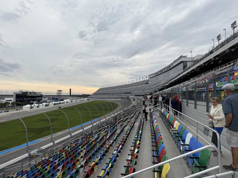 The seats at Daytona are different colors so that it looks like there is a full audience on video even when the seats are empty.