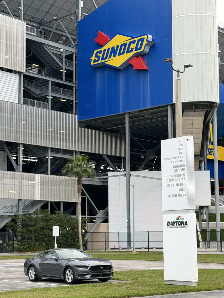 My Ford Mustang rental car at Daytona International Speedway.