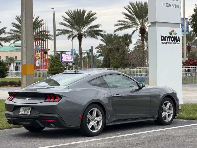 My 2025 Ford Mustang rental car at Daytona International Speedway.