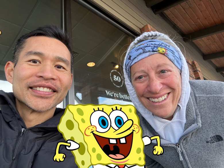 Felix, Alene, and Spongebob outside Starbucks.