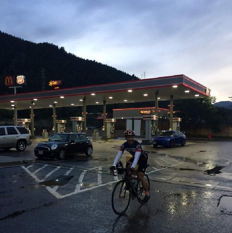 Felix Wong, Litespeed Archon C2, gas station, Carl's Jr., black Mini Cooper, blue Subaru WRX