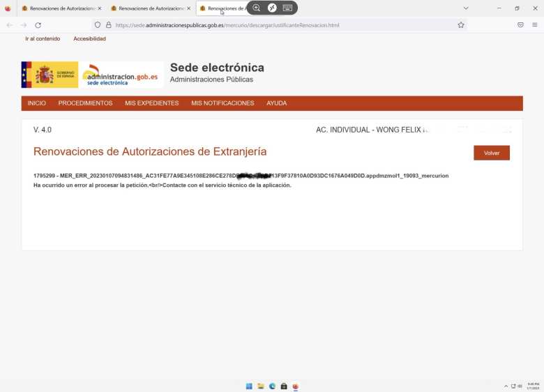 The Spanish website threw up error pages when I tried to download a receipt or copy of my renewal application.