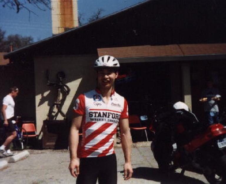 Felix Wong, Stanford cycling jersey, lunch stop, 1999 Devil Mountain Double Century.