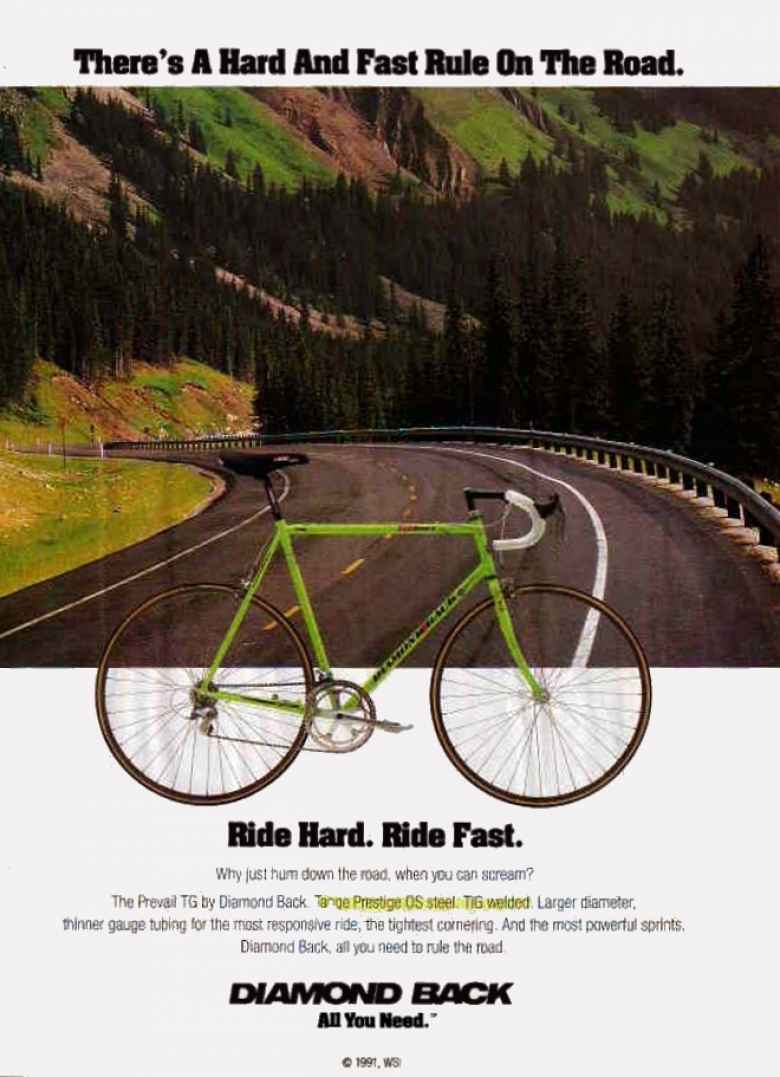 1991 ad for a green Diamond Back Prevail TG road bike