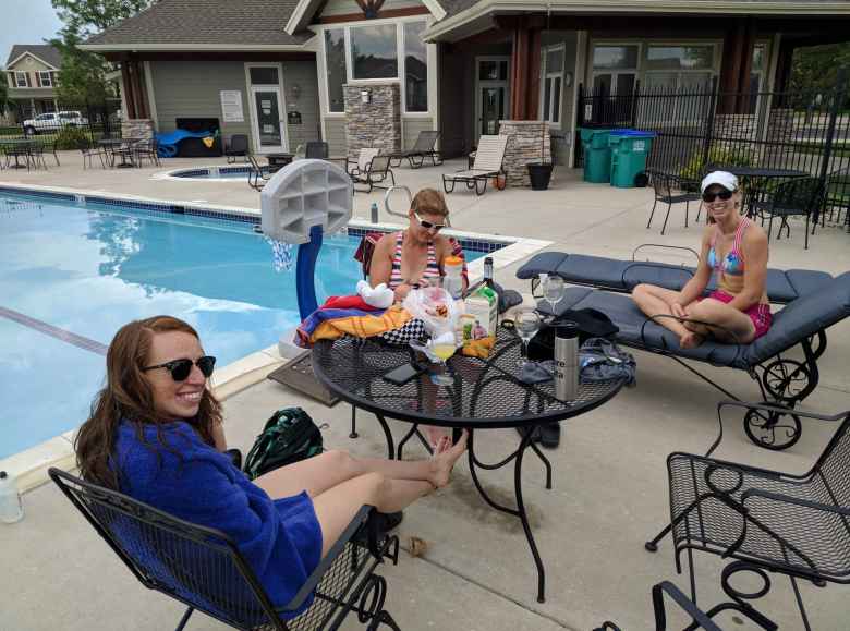Brooke, Mel, and Rachel at the Hearthfire pool.