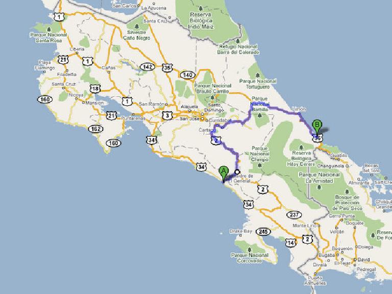 The route we took from Dominical to Costa Rica. (Image: Google Maps)