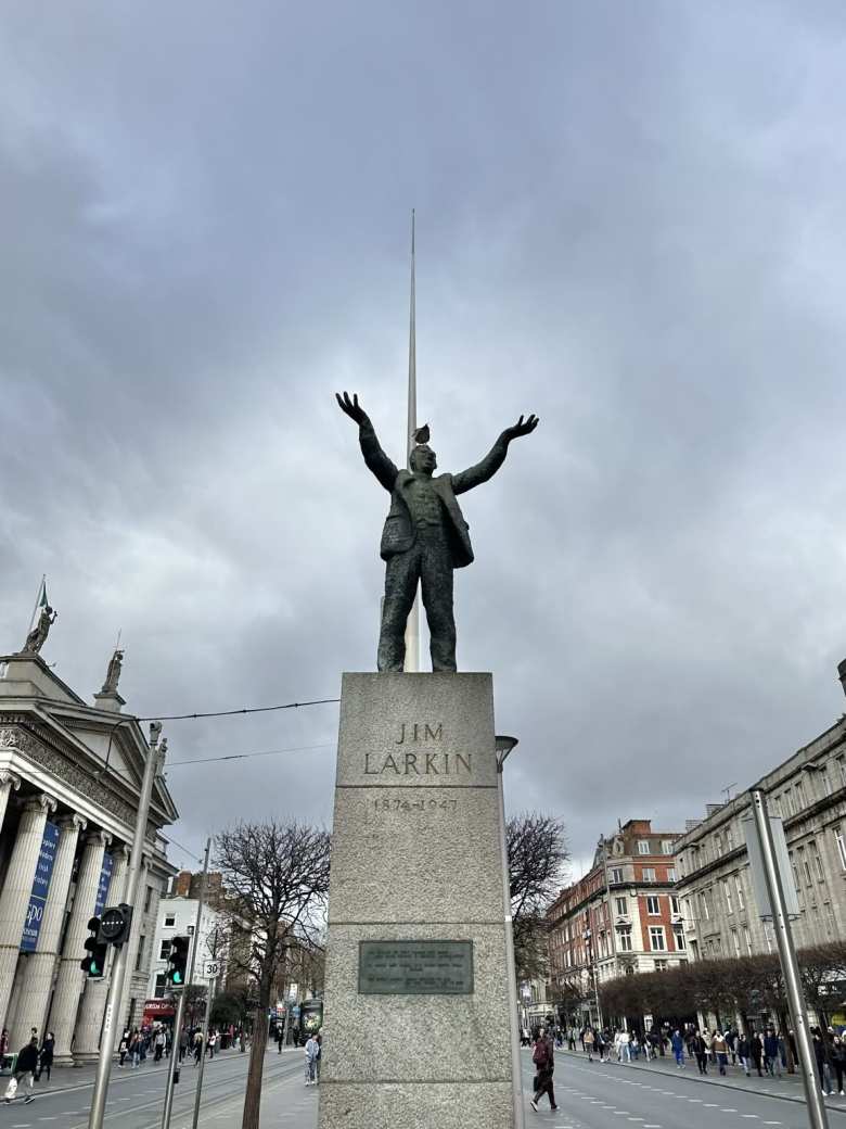 Jim Larkin statue with the Spire behind.