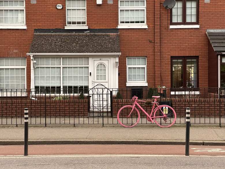A pink bike on Lombard Street in Dublin, Ireland.