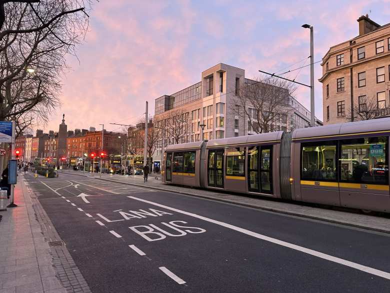 A modern tram on O'Connell Street in Dublin, Ireland.