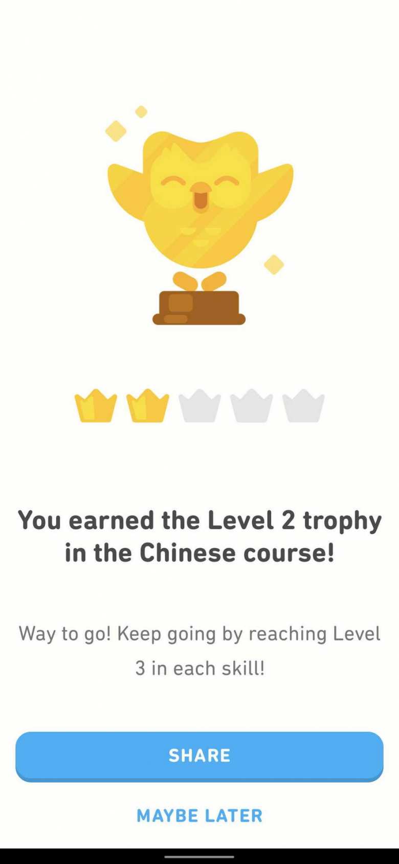 Duolingo trophy, two crowns, You earned the Level 2 trophy in the Chinese course