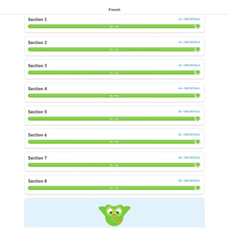 I completed the expanded Duolingo French course, which went up to a B2 proficiency level.