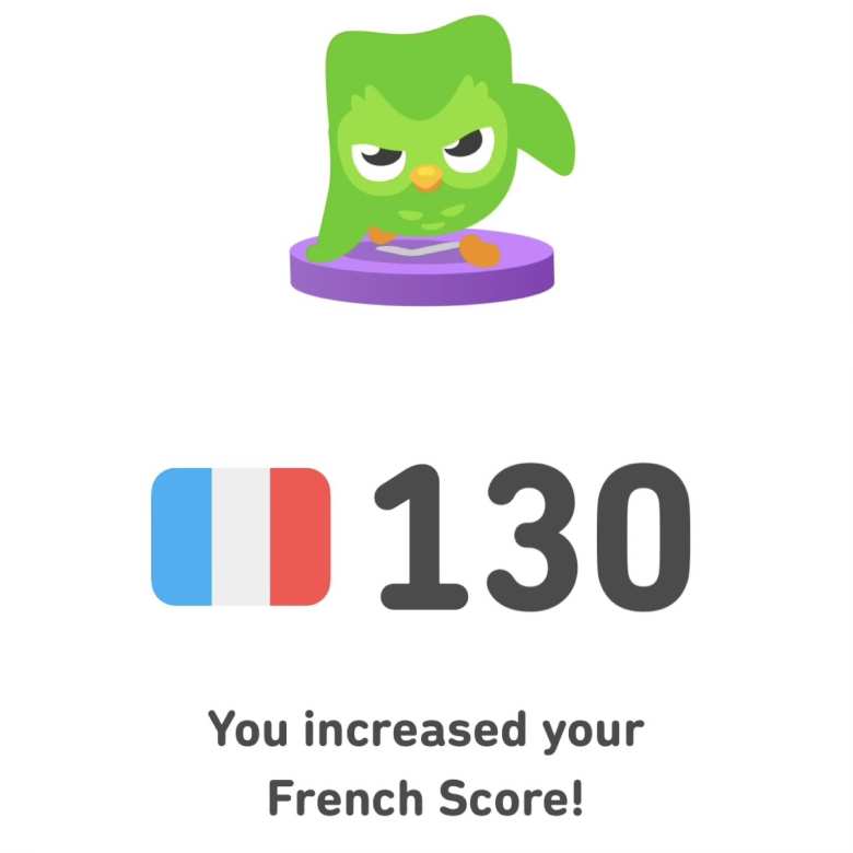 Completion of the Duolingo French course in 2025 yielded a Duolingo French Score of 130.