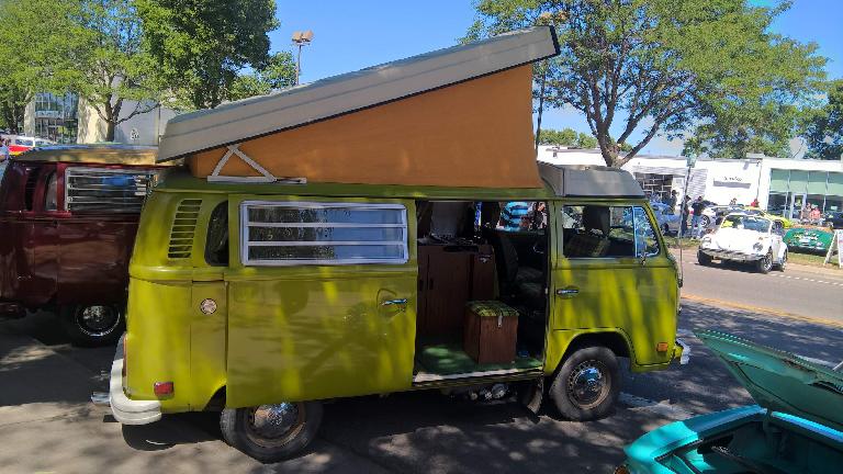 A bright green 1960s VW Bus.