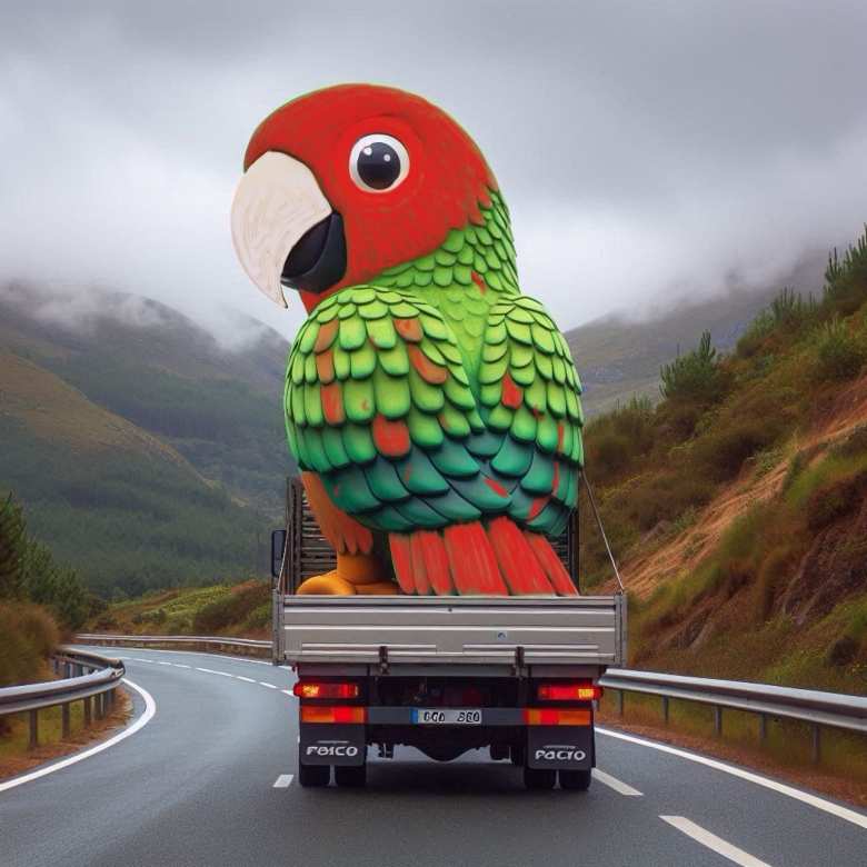 When I was out riding my bike in the hills north of Pontevedra, I got passed by a flatbed pickup truck bringing Ravachol, Pontevedra's parrot mascot, to the city for Entroido.
