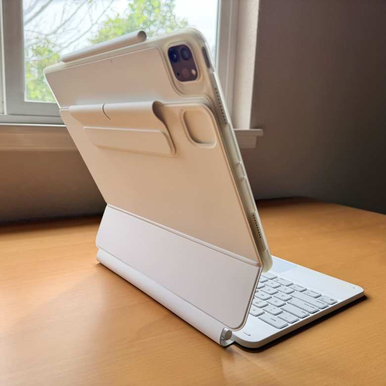 Rear view of an iPad Pro 12.9" mounted in a high position on an ESR Rebound Magnetic Keyboard case.
