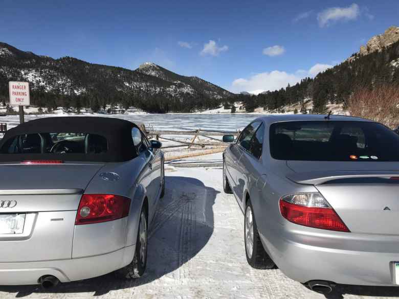 Our silver steeds in front of Lily Lake near Allenspark, Colorado.