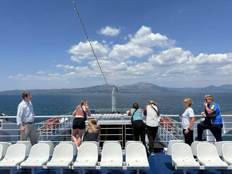 John, Eli, Quinlan, Becca, Kate, Mel, and Steven on the ferry from Athens to Eretria on Evia Island, Greece.