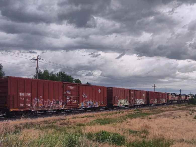 A train stopped on the tracks beyond the intersection of Vine and Timberline in Fort Collins.