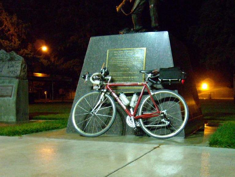 [Mile 20] I started riding at 4:30 a.m.  Unfortunately, an hour later, I experienced pockets of 32 degree temperatures and was freezing!  Here's Canny at a park in Ault where I stopped to dethaw.