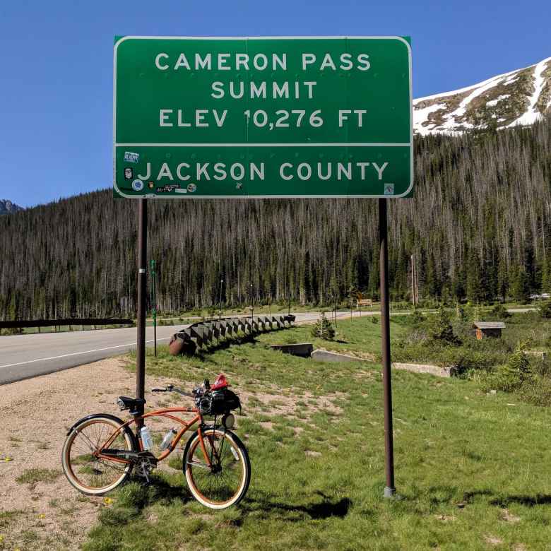 bronze Huffy Cranbrook Cruiser, Cameron Pass Summit, elevation 10276 feet