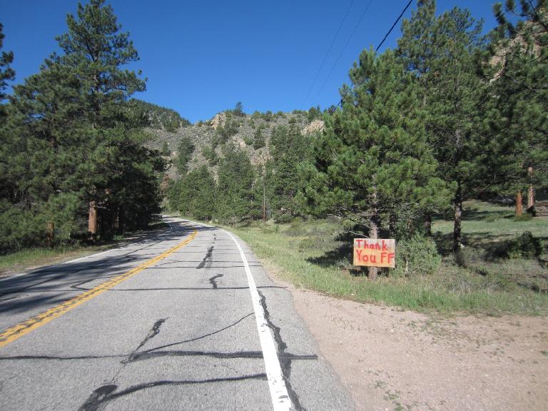 "Thank you firefighters" sign in the Poudre Canyon.