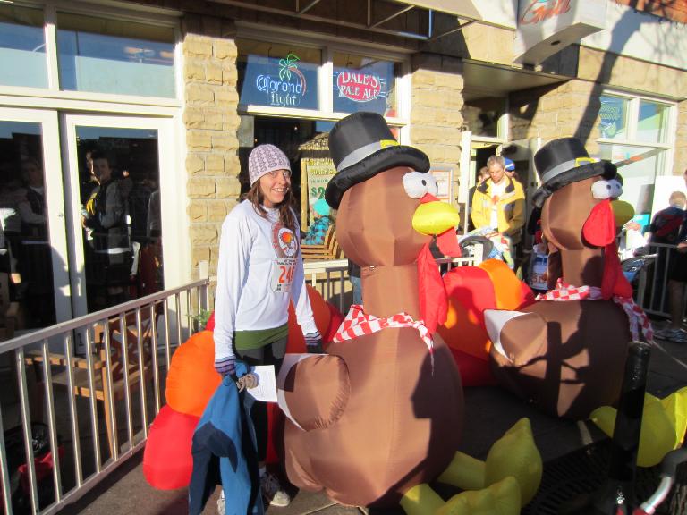 Kelly with the blow up turkeys.