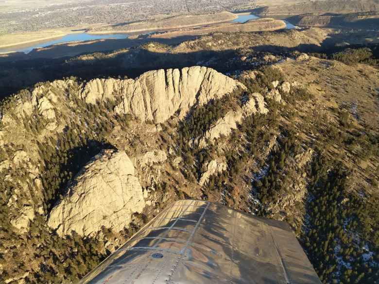 Flying over Horsetooth Rock in Fort Collins, Colorado.