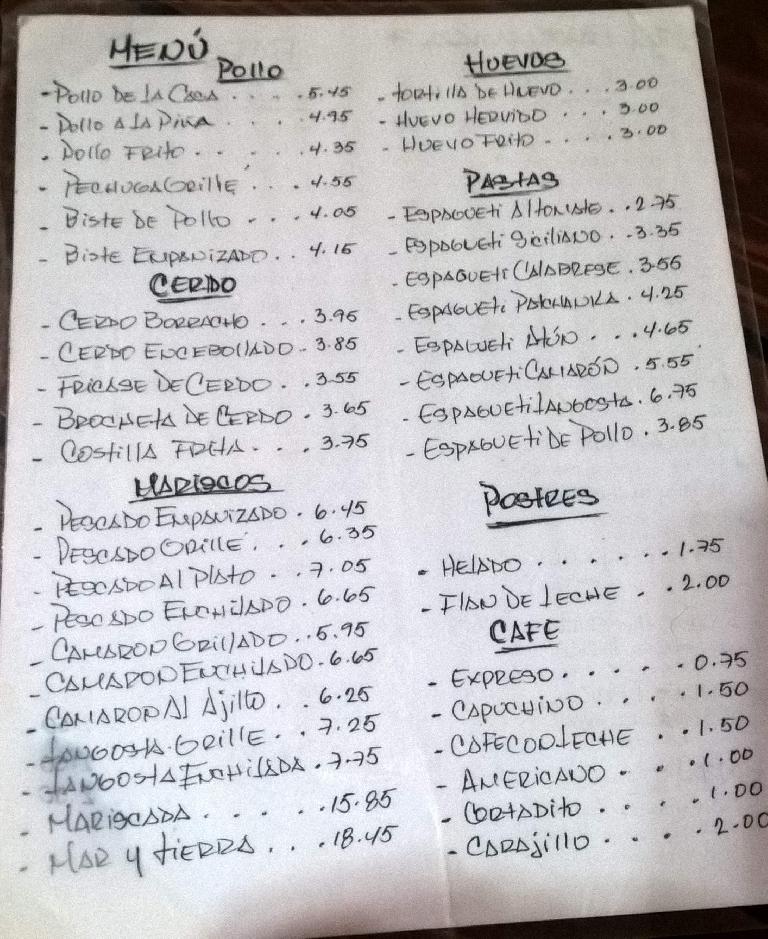 The menu at El Patchanka in Havana Vieja, with prices in CUC (1 CUC ~= 1 USD).