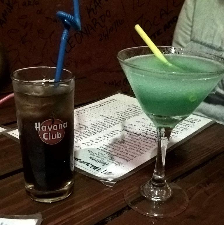 A Cuba Libre (cola and rum drink) and a Daiquiri Rebelde at El Patchanka in Havana Vieja.