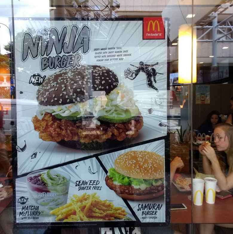 McDonald's in Singapore sells Ninja Burgers, Matcha McFlurrys with Read Bean, Seaweed Shaker Fries, and Samurai Burgers (along with their classic American foods).