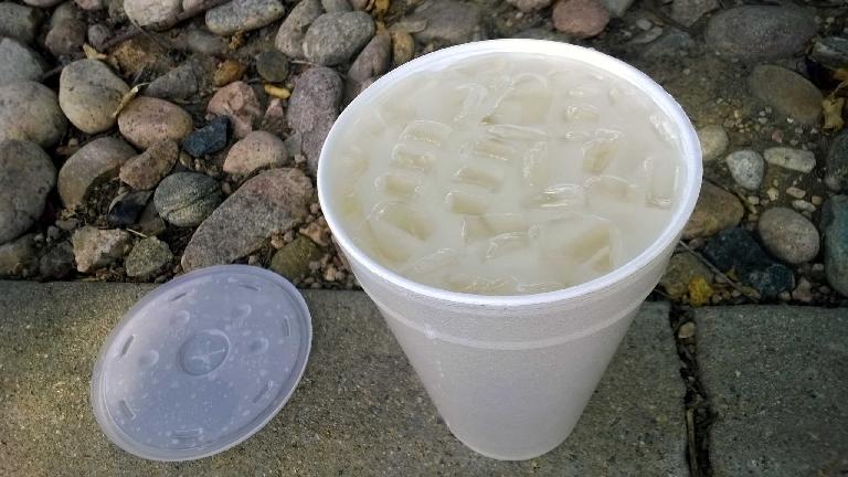 agua de horchata, ice, white styrofoam cup