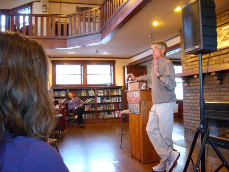 Raquel listening to a talk by American running legend Frank Shorter in Boulder, the town he's made his home for the last 40 years.