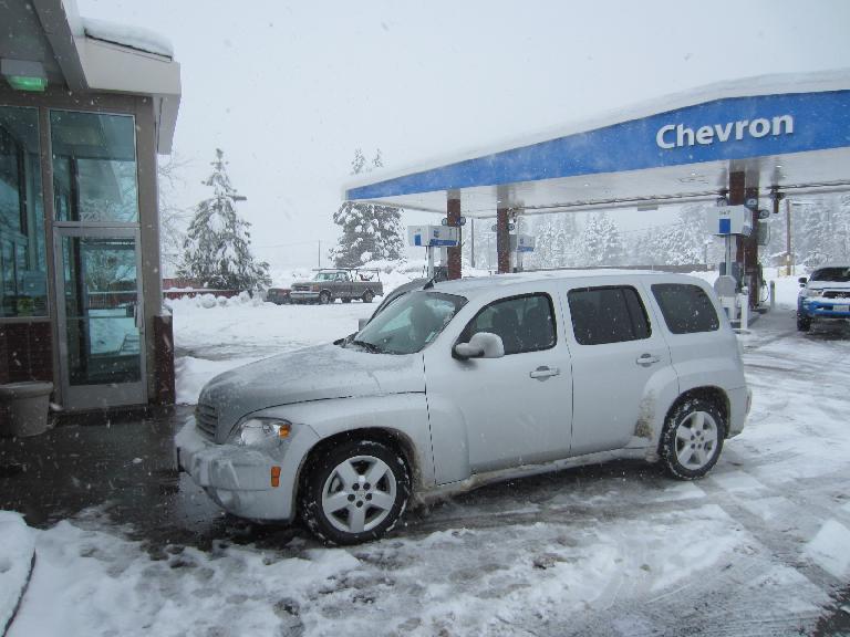 The Chevrolet HHR rental car west of Reno, where we took off the chains that we had to use on the front tires for 60 miles to get over Donner Pass.
