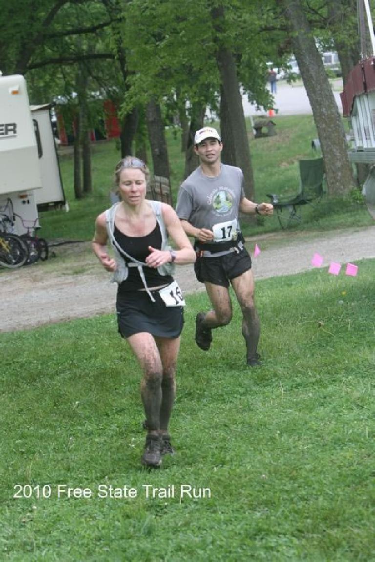 Meanwhile, Cat and I started running together 2.75 hours into the 100k.  Here we are after the first lap (MIle 20).